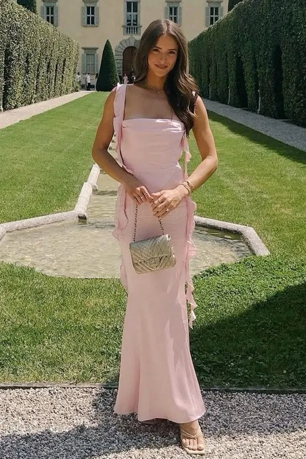 Loverlm blush pink sheath prom dress with square neckline and cascading ruffles