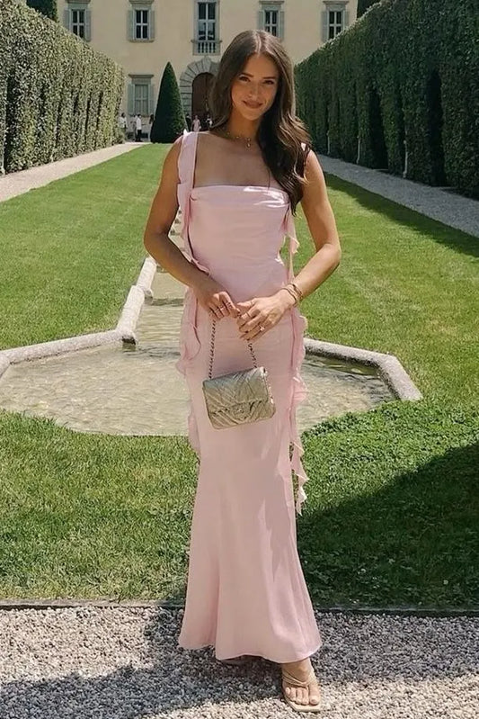 Loverlm blush pink sheath prom dress with square neckline and cascading ruffles