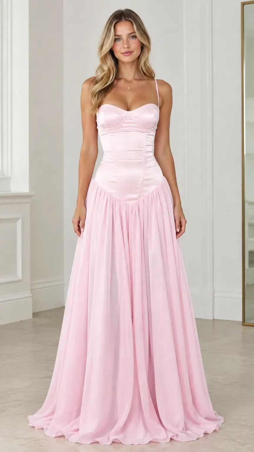 Loverlm blush pink prom dress with sweetheart neckline spaghetti straps structured bodice V-shaped waist and flowing floor-length A-line skirt