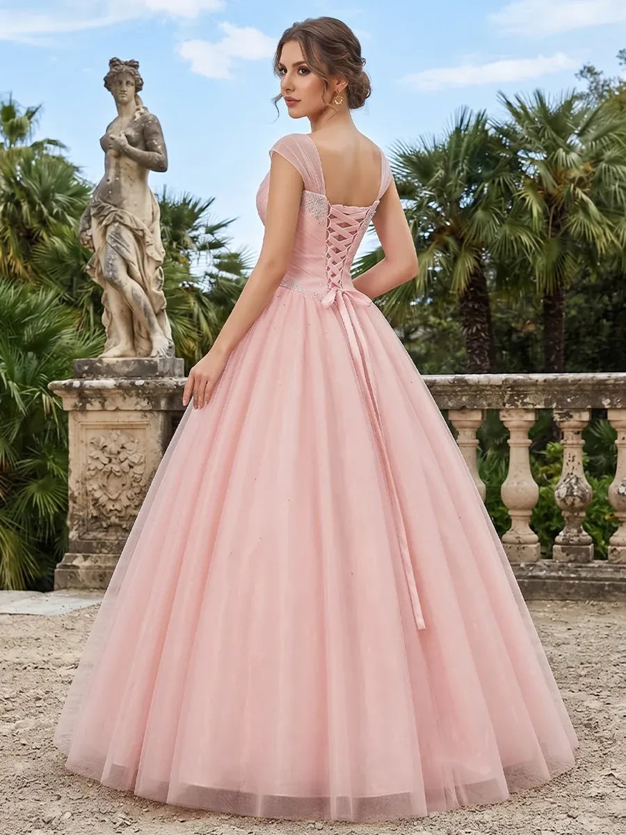 Romantic Ball-Gown Sweetheart Cap-Sleeve Lace-Up Floor-Length Tulle Prom Dress