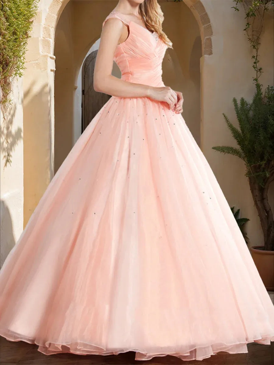 Romantic Ball-Gown Sweetheart Cap-Sleeve Lace-Up Floor-Length Tulle Prom Dress