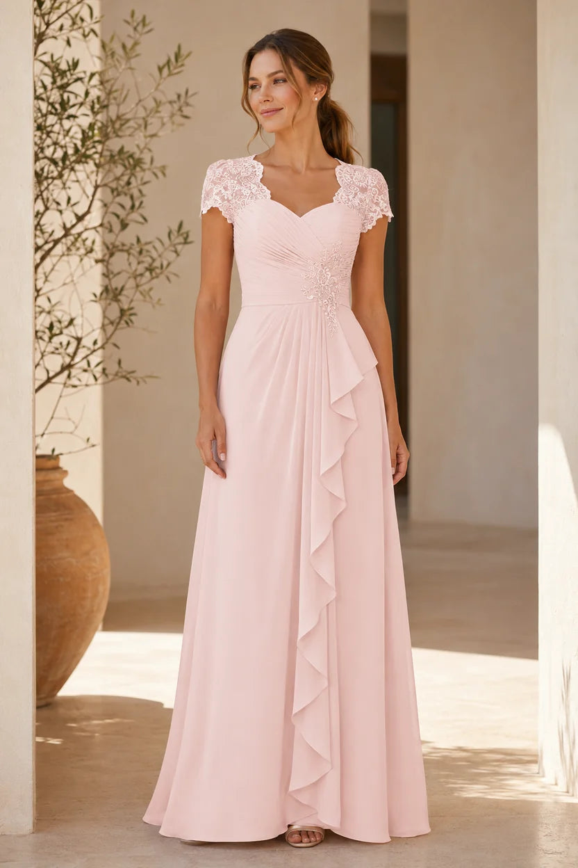 Loverlm blush pink chiffon Mother of the Bride dress with sweetheart neckline, floral lace cap sleeves, ruched waist and cascading ruffle front view
