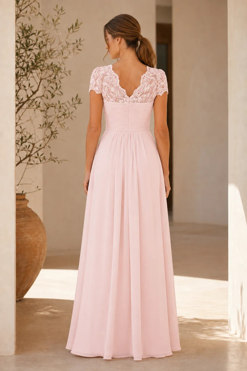 Romantic A-Line Sweetheart Lace Cap Sleeve Chiffon Maxi Mother of the Bride Dress