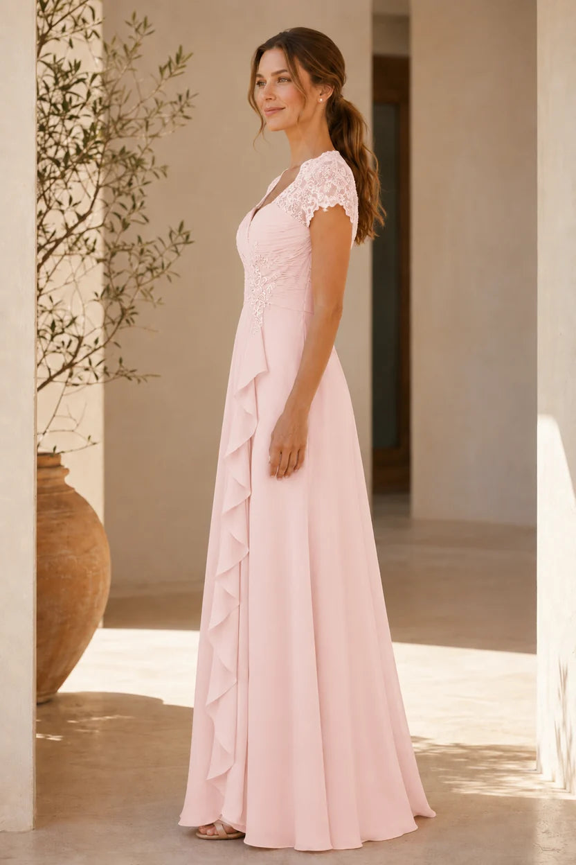 Romantic A-Line Sweetheart Lace Cap Sleeve Chiffon Maxi Mother of the Bride Dress