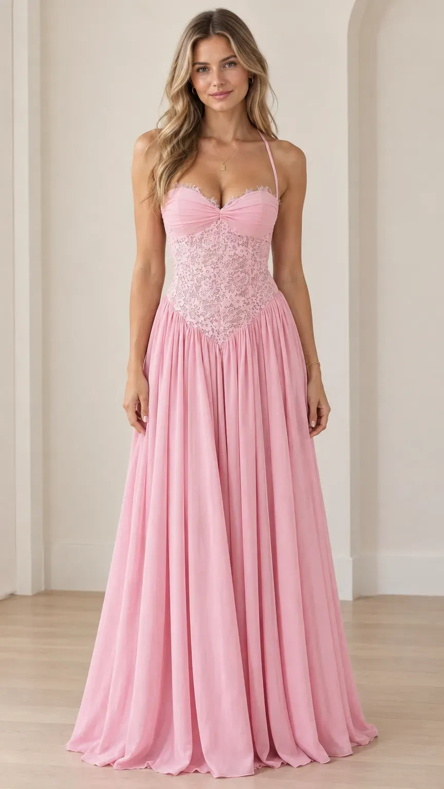 Loverlm blush pink prom dress with sweetheart neckline spaghetti straps textured corset bodice and flowing floor-length A-line skirt