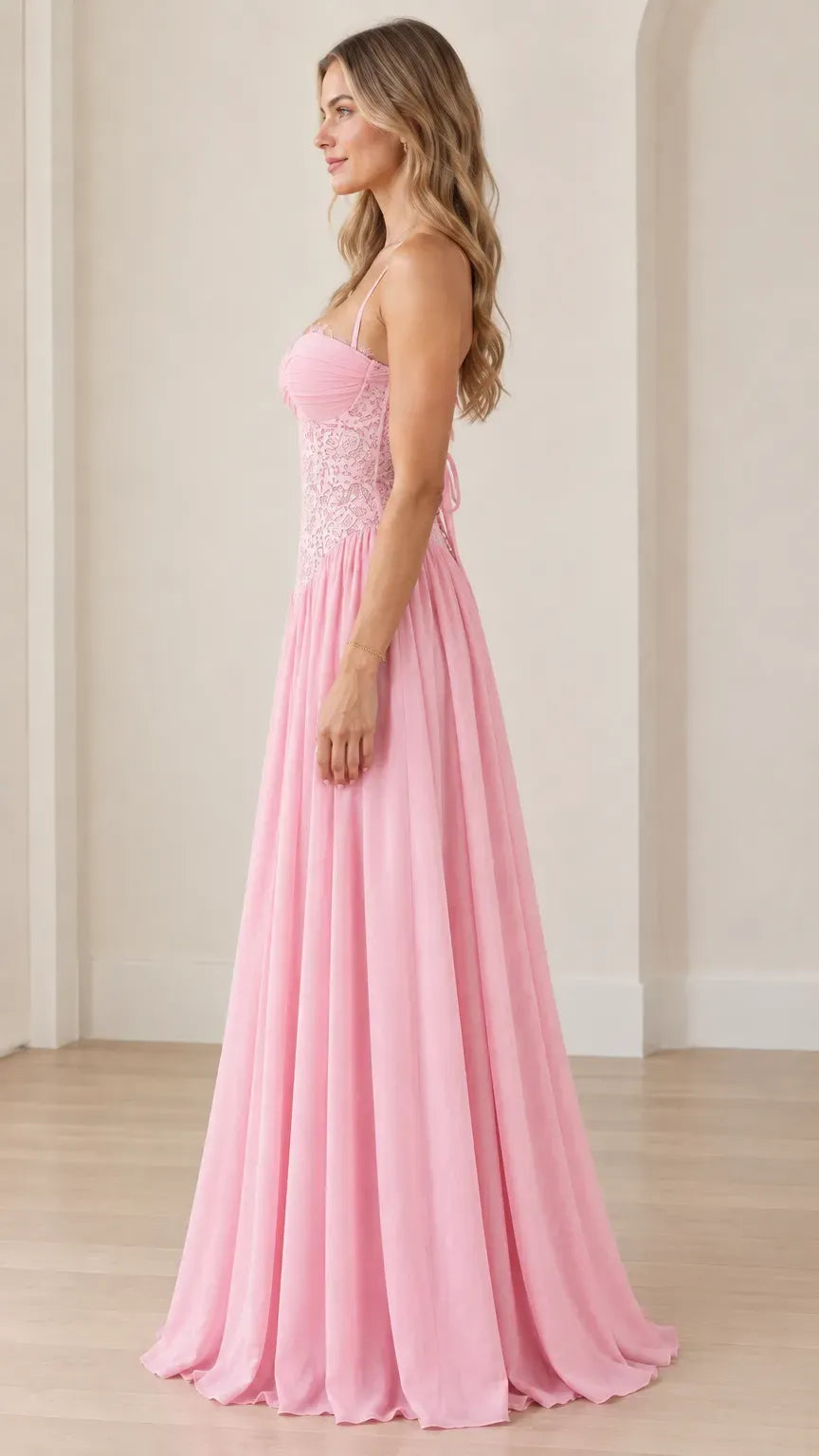 Romantic A-Line Sweetheart Spaghetti-Strap Lace-Up Floor-Length Prom Dress