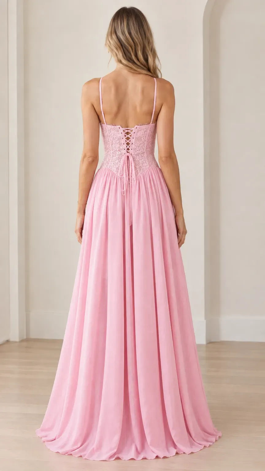 Romantic A-Line Sweetheart Spaghetti-Strap Lace-Up Floor-Length Prom Dress