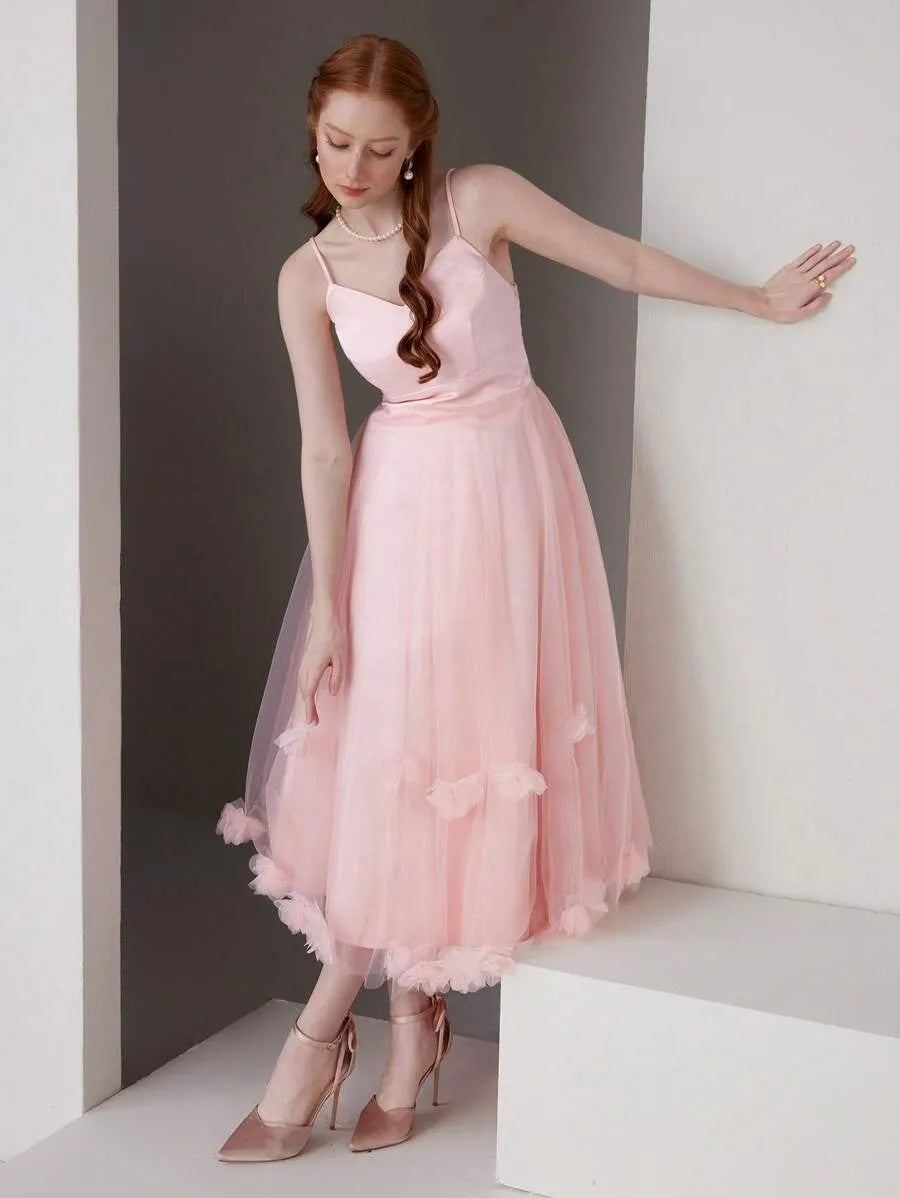 Loverlm blush pink tulle cocktail dress with sweetheart neckline and floral-trimmed midi skirt