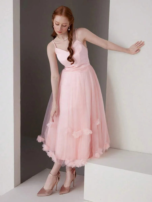 Loverlm blush pink tulle cocktail dress with sweetheart neckline and floral-trimmed midi skirt