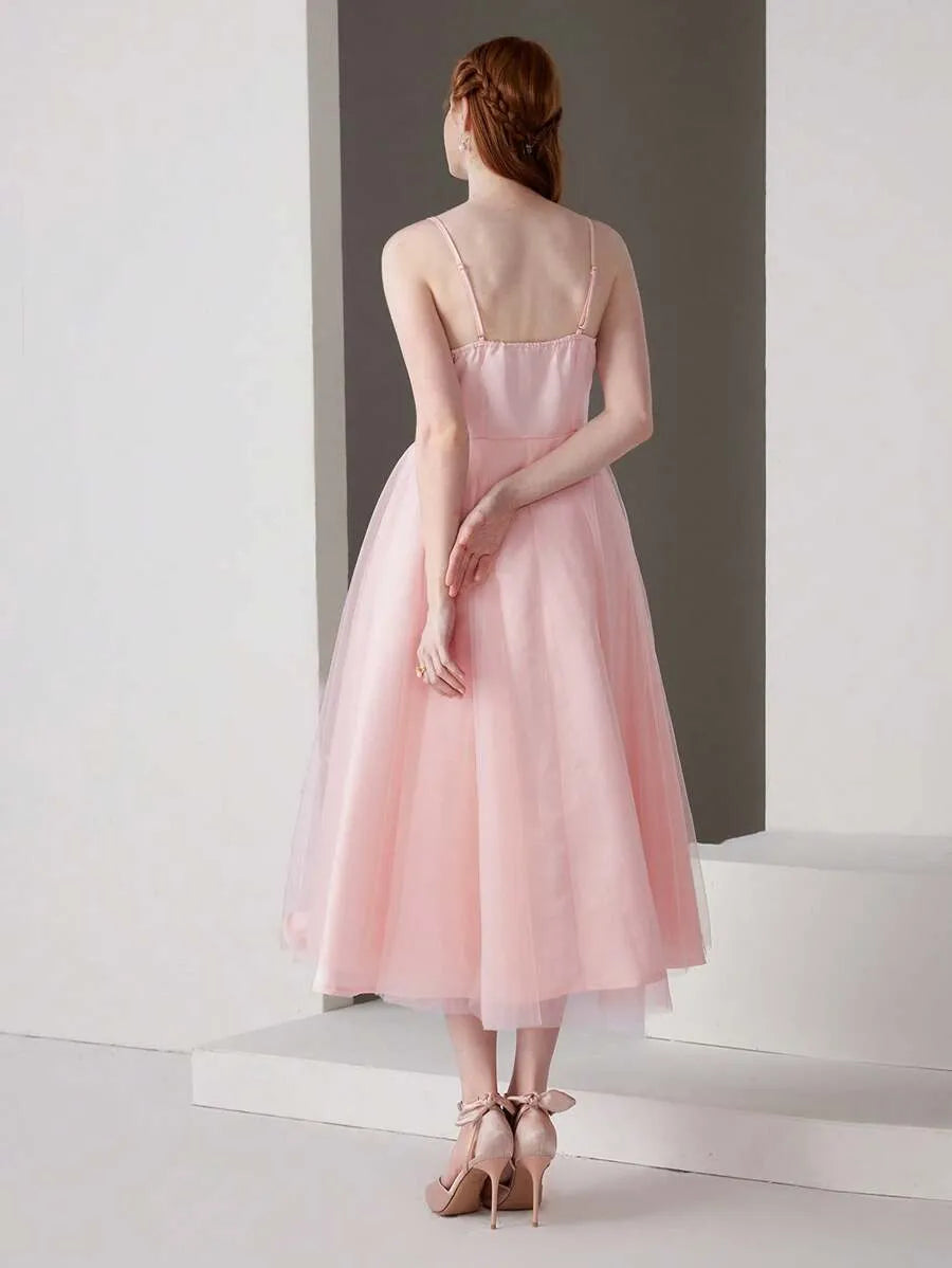 Romantic A-Line Sweetheart Sleeveless Low-Back Tulle Midi Wedding Guest Dress