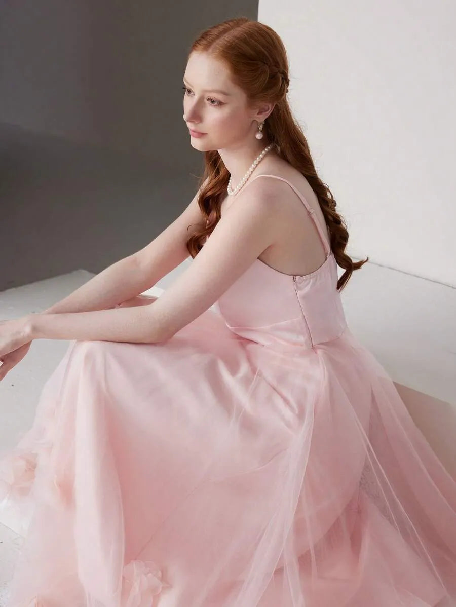 Romantic A-Line Sweetheart Sleeveless Low-Back Tulle Midi Wedding Guest Dress