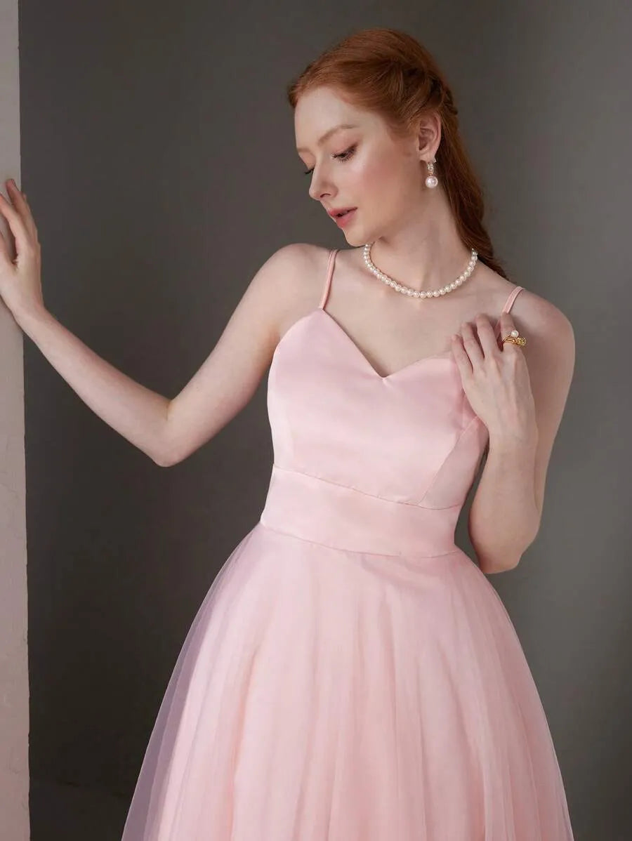 Romantic A-Line Sweetheart Sleeveless Low-Back Tulle Midi Wedding Guest Dress