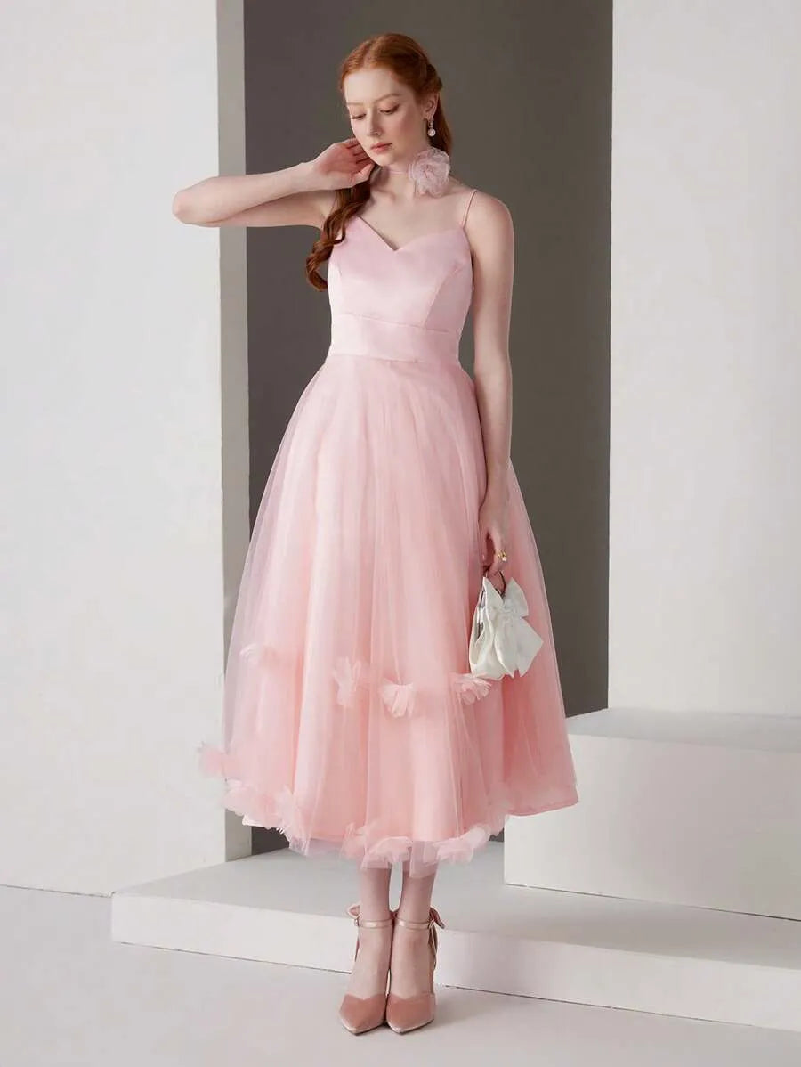 Romantic A-Line Sweetheart Sleeveless Low-Back Tulle Midi Wedding Guest Dress