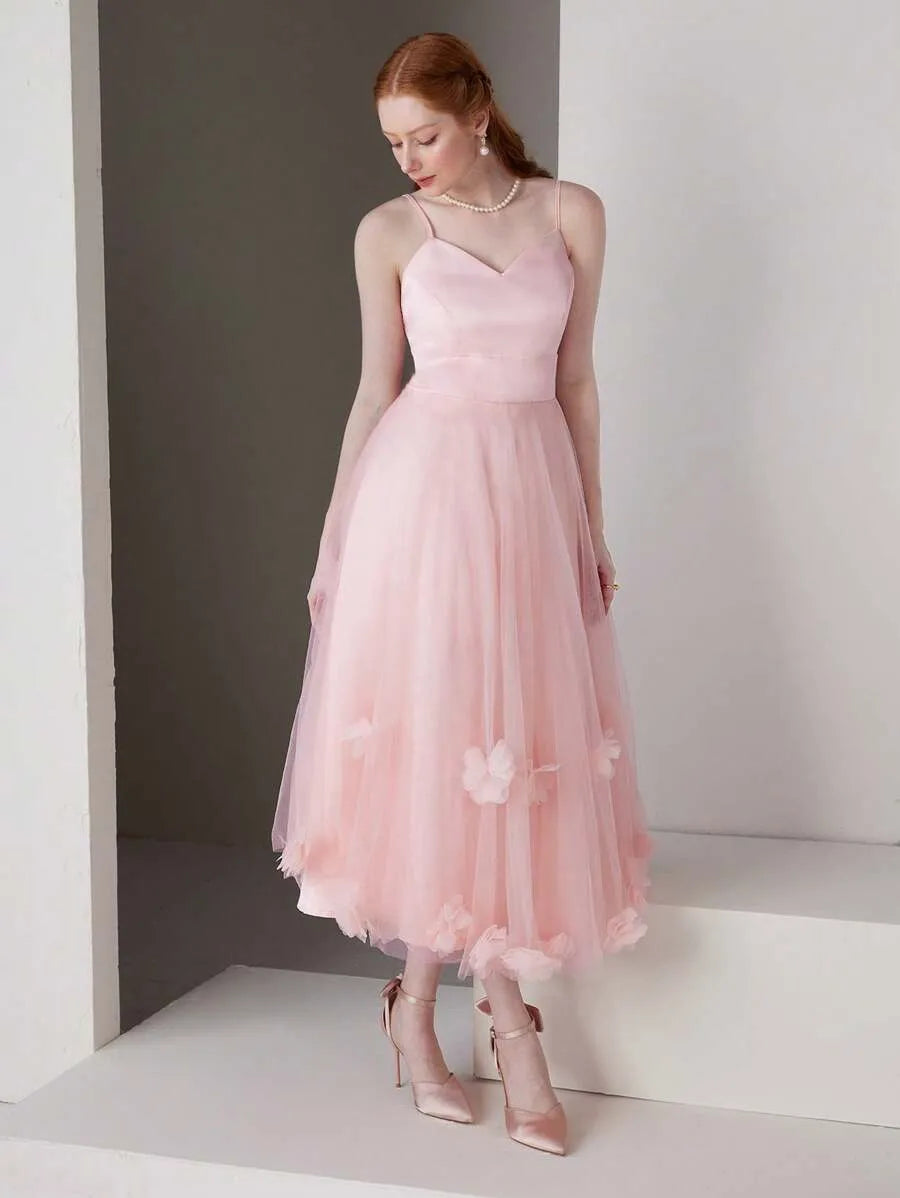 Romantic A-Line Sweetheart Sleeveless Low-Back Tulle Midi Wedding Guest Dress