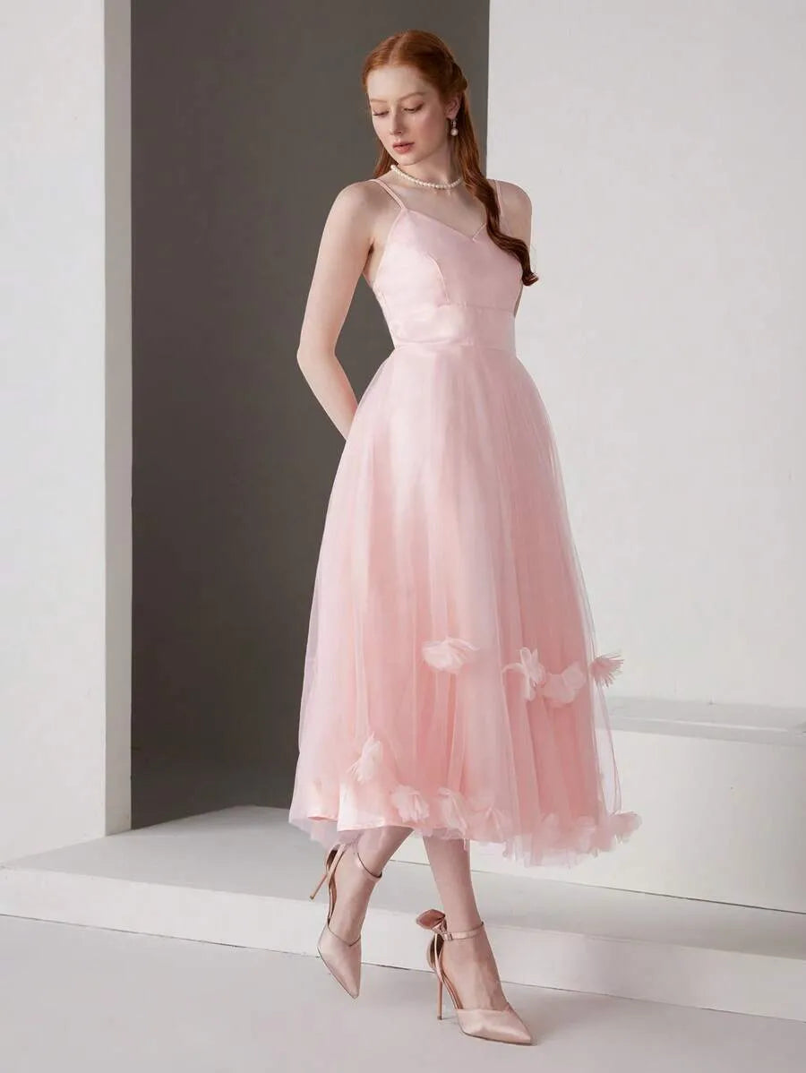 Romantic A-Line Sweetheart Sleeveless Low-Back Tulle Midi Wedding Guest Dress