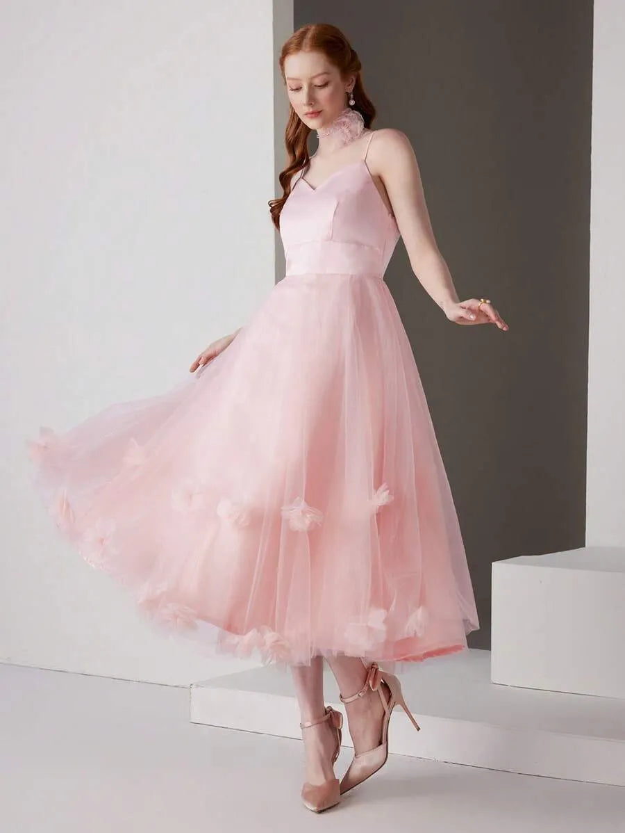 Romantic A-Line Sweetheart Sleeveless Low-Back Tulle Midi Wedding Guest Dress