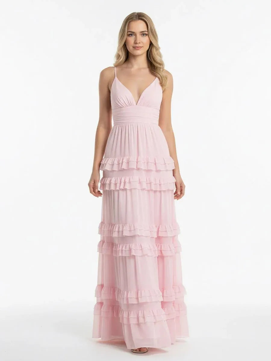 Romantic Chiffon A-Line V-Neck Sleeveless Zip-Back Floor-Length Prom Dress