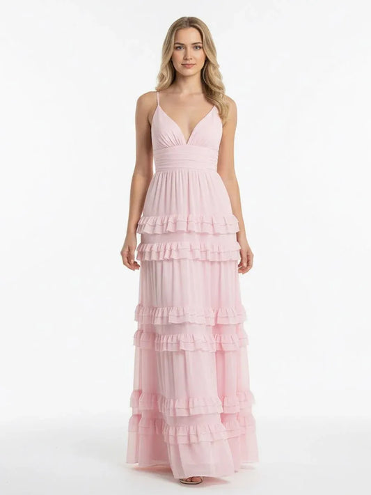 Romantic Chiffon A-Line V-Neck Sleeveless Zip-Back Floor-Length Prom Dress