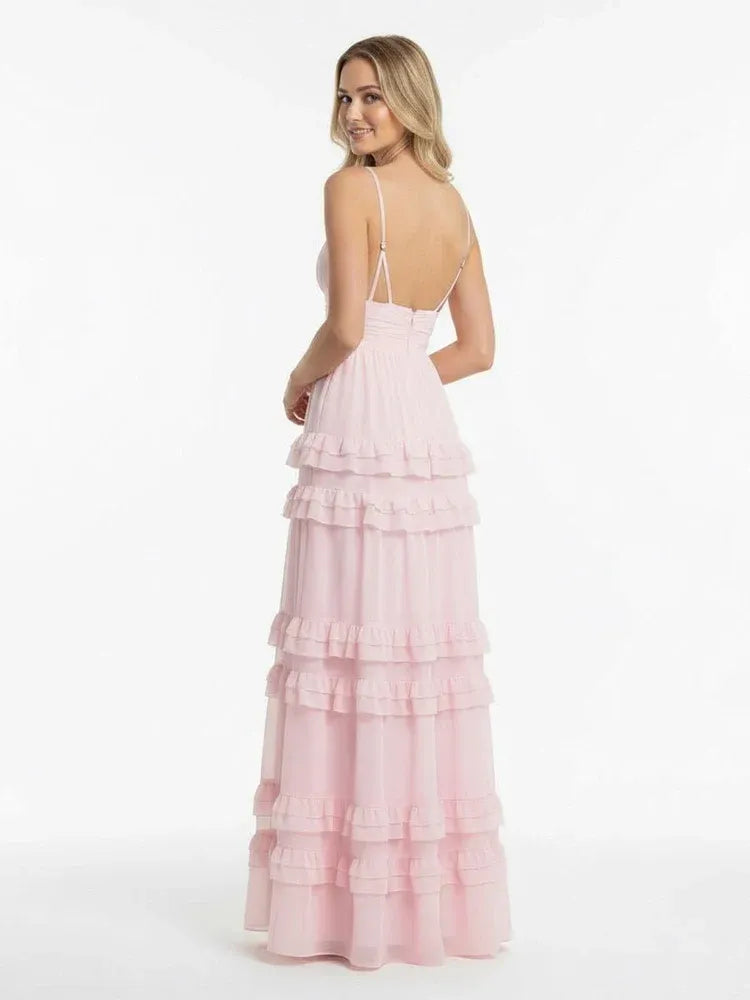 Romantic Chiffon A-Line V-Neck Sleeveless Zip-Back Floor-Length Prom Dress