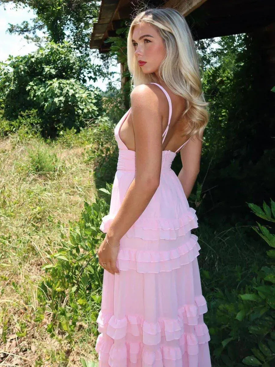 Romantic Chiffon A-Line V-Neck Sleeveless Zip-Back Floor-Length Prom Dress