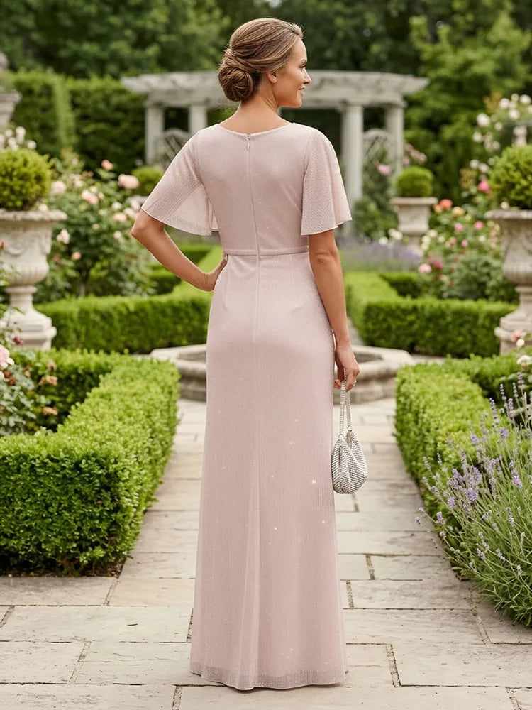 Elegant Sheath V-Neck Flutter-Sleeve Shimmer Floor-Length Mother of the Bride Dress