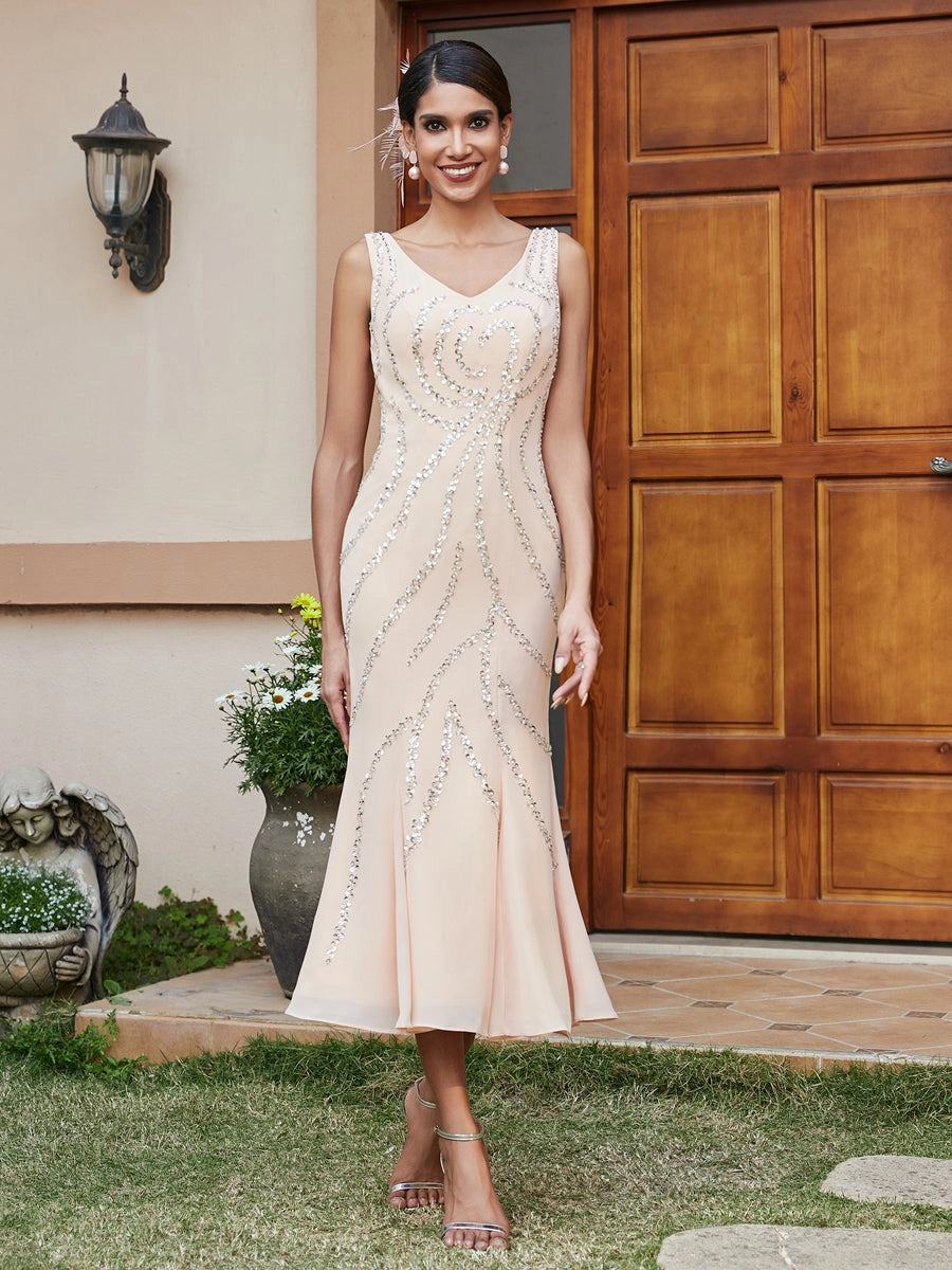 Elegant Trumpet V-Neck Sleeveless Zip-Back Tea-Length Mother of the Bride Dress