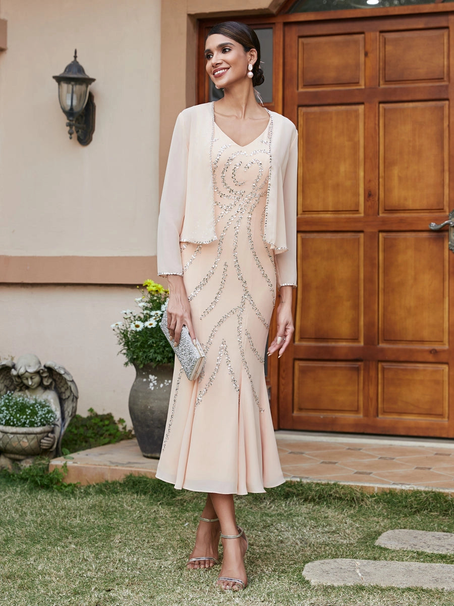 Elegant Trumpet V-Neck Sleeveless Zip-Back Tea-Length Mother of the Bride Dress