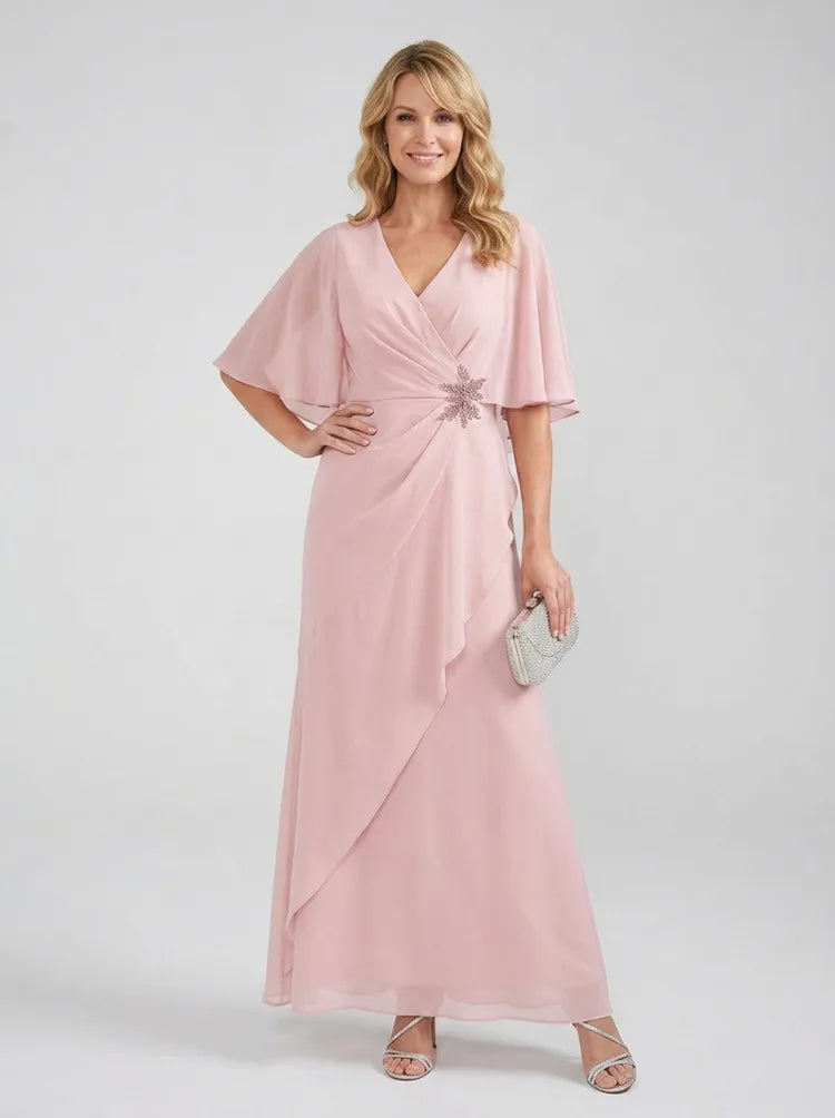 Loverlm blush pink Mother of the Bride dress with V-neck flutter sleeves embellished waist and draped floor-length chiffon skirt
