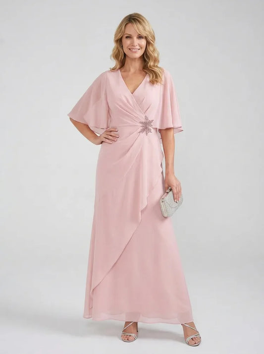 Loverlm blush pink Mother of the Bride dress with V-neck flutter sleeves embellished waist and draped floor-length chiffon skirt
