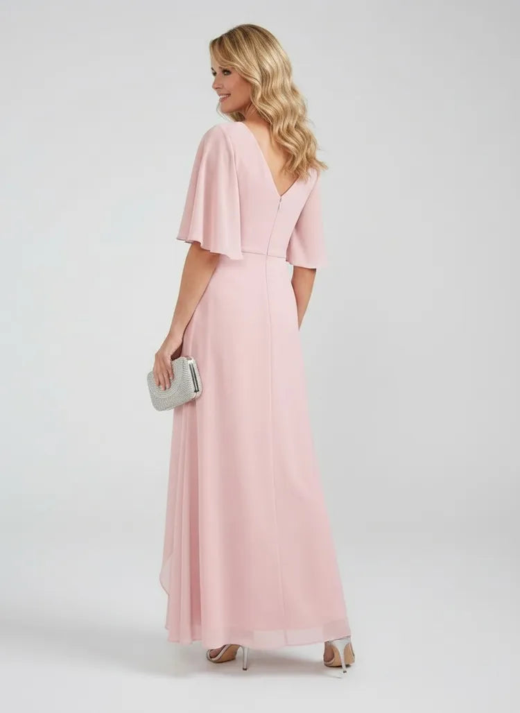 Elegant A-Line V-Neck Flutter-Sleeve Chiffon Floor-Length Mother of the Bride Dress