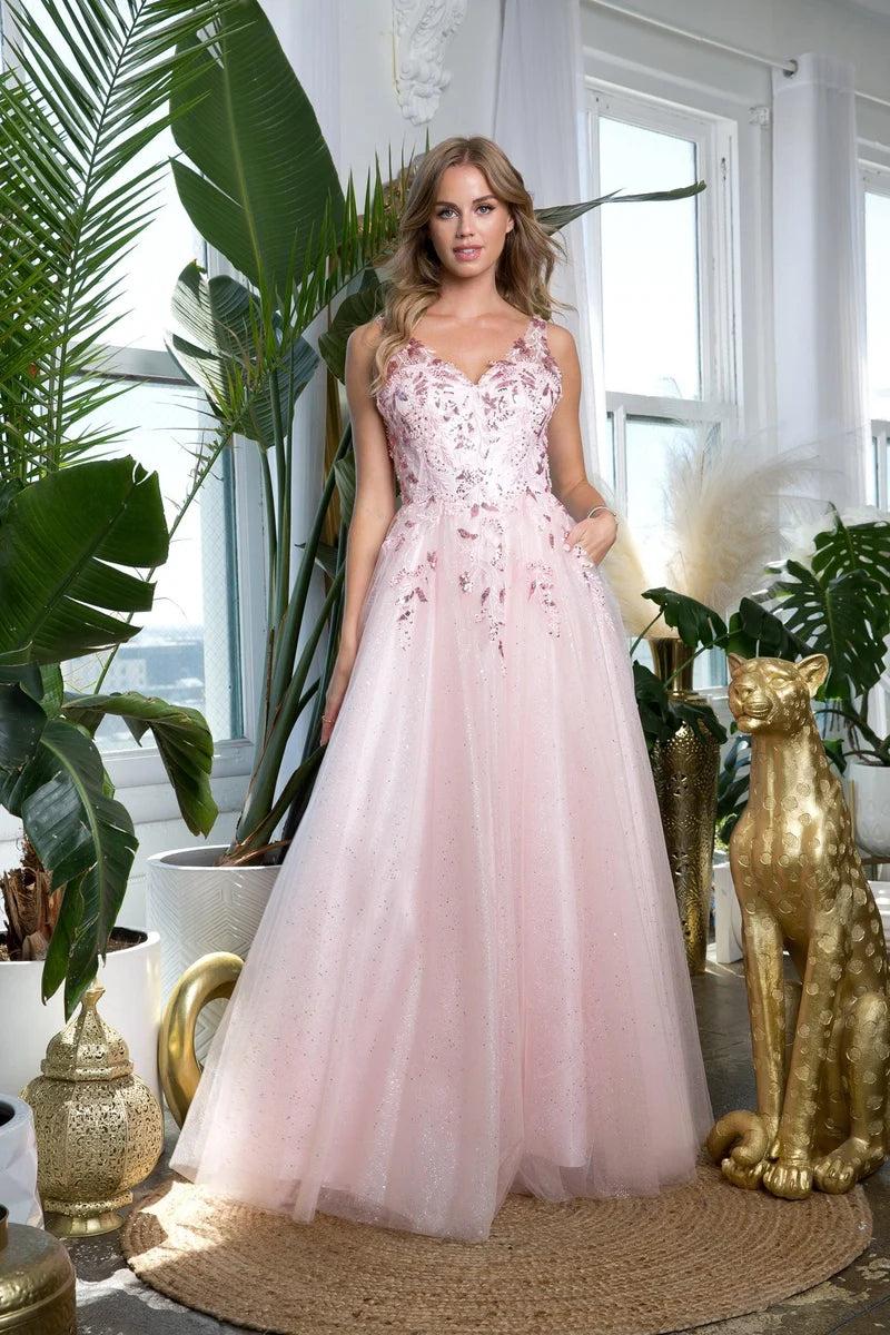 Loverlm blush pink V-neck prom dress with floral embellished bodice glitter tulle A-line skirt and floor-length hem