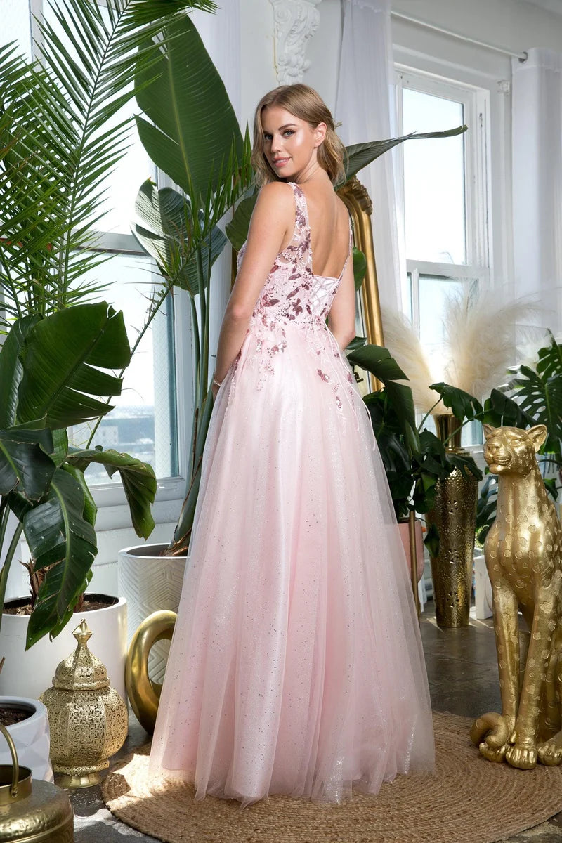 Romantic A-Line V-Neck Sleeveless Lace-Up Back Floor-Length Prom Dress