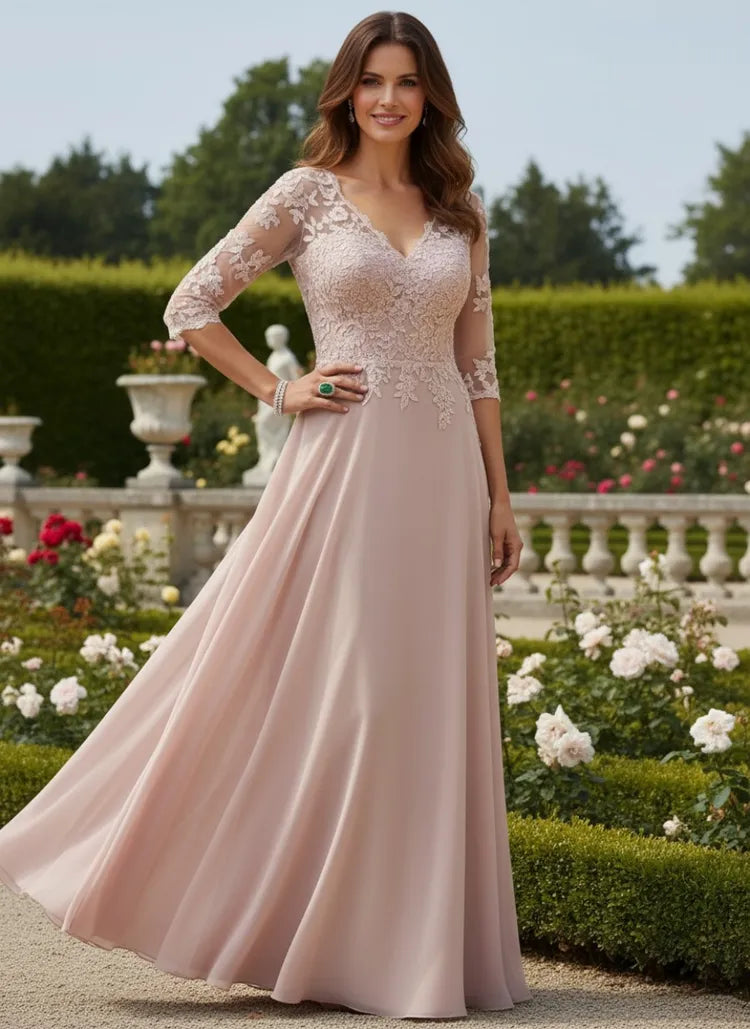 Loverlm blush pink Mother of the Bride dress with V-neck lace bodice three-quarter sleeves and floor-length A-line skirt