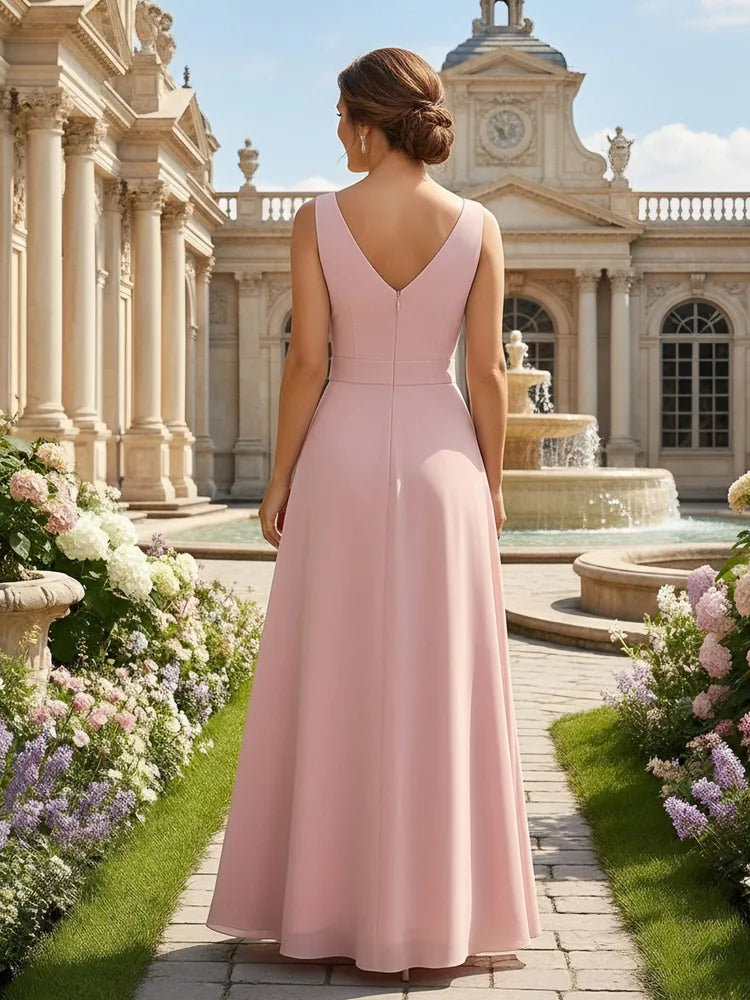 Elegant A-Line V-Neck Sleeveless Chiffon Floor-Length Mother of the Bride Dress