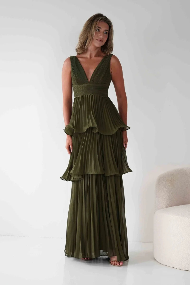 Romantic A-Line V-Neck Sleeveless V-Back Tiered Pleated Maxi Wedding Guest Dress