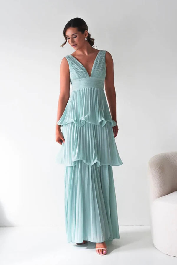 Romantic A-Line V-Neck Sleeveless V-Back Tiered Pleated Maxi Wedding Guest Dress