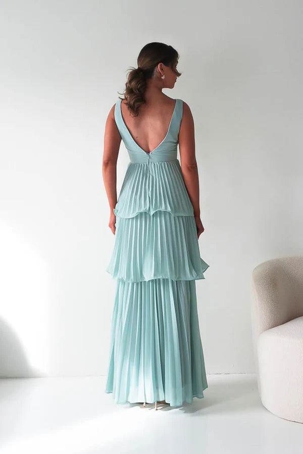 Romantic A-Line V-Neck Sleeveless V-Back Tiered Pleated Maxi Wedding Guest Dress