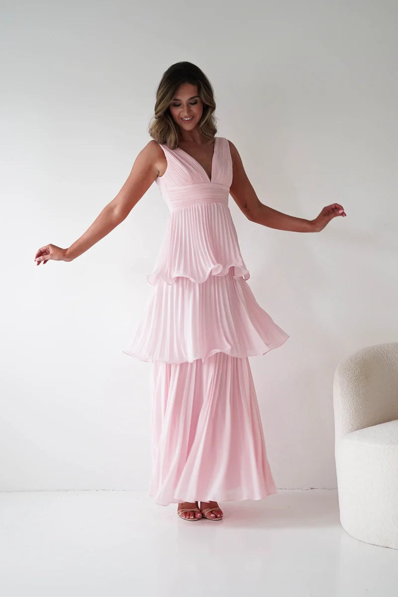 Romantic A-Line V-Neck Sleeveless V-Back Tiered Pleated Maxi Wedding Guest Dress