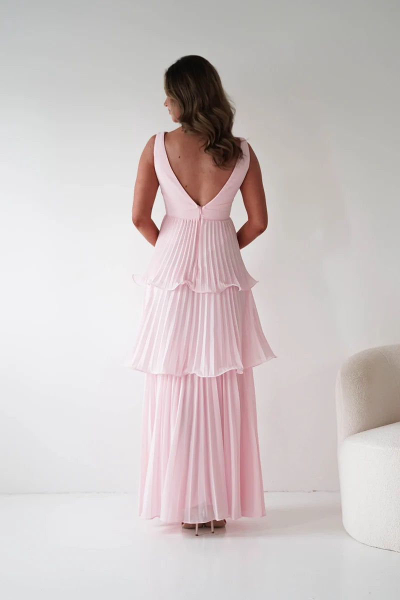 Romantic A-Line V-Neck Sleeveless V-Back Tiered Pleated Maxi Wedding Guest Dress