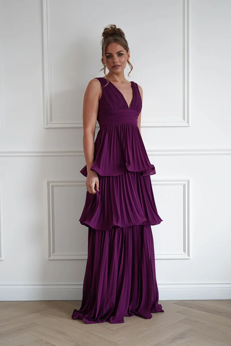 Romantic A-Line V-Neck Sleeveless V-Back Tiered Pleated Maxi Wedding Guest Dress