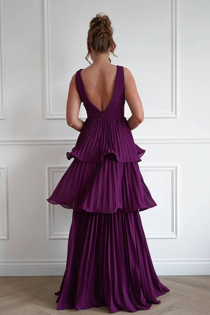 Romantic A-Line V-Neck Sleeveless V-Back Tiered Pleated Maxi Wedding Guest Dress