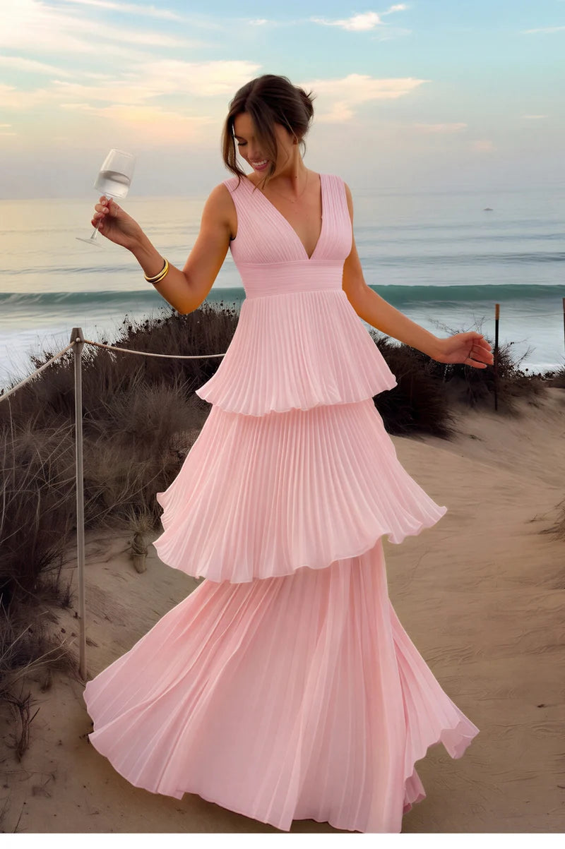 Romantic A-Line V-Neck Sleeveless V-Back Tiered Pleated Maxi Wedding Guest Dress