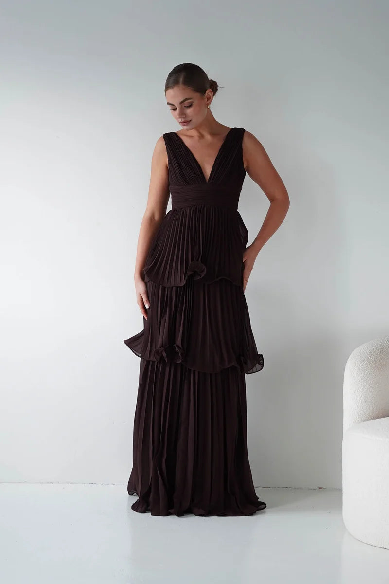 Romantic A-Line V-Neck Sleeveless V-Back Tiered Pleated Maxi Wedding Guest Dress