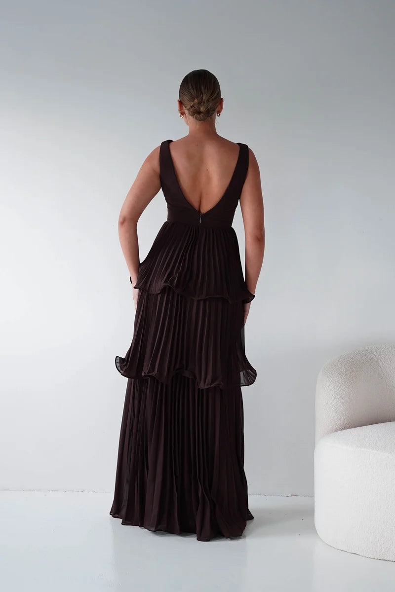 Romantic A-Line V-Neck Sleeveless V-Back Tiered Pleated Maxi Wedding Guest Dress