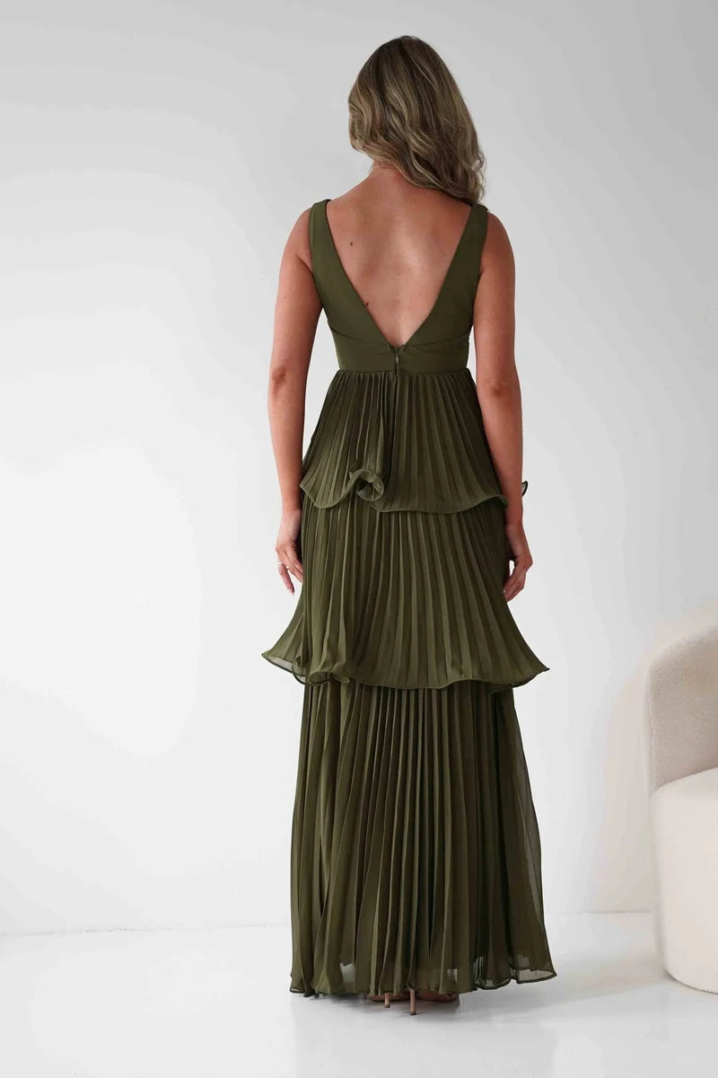 Romantic A-Line V-Neck Sleeveless V-Back Tiered Pleated Maxi Wedding Guest Dress