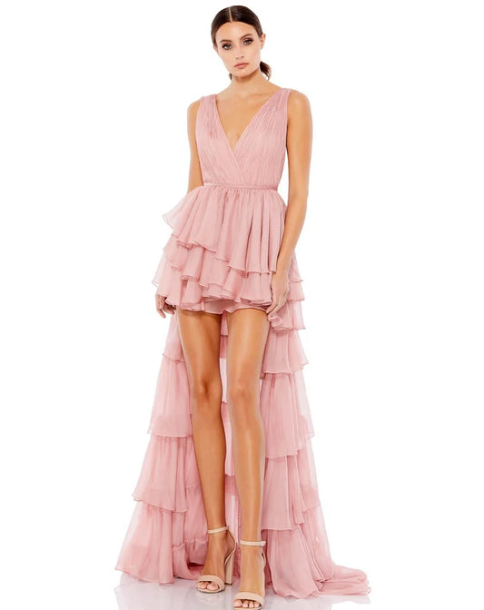 Loverlm blush pink V-neck prom dress with pleated bodice tiered ruffles and dramatic high-low chiffon skirt