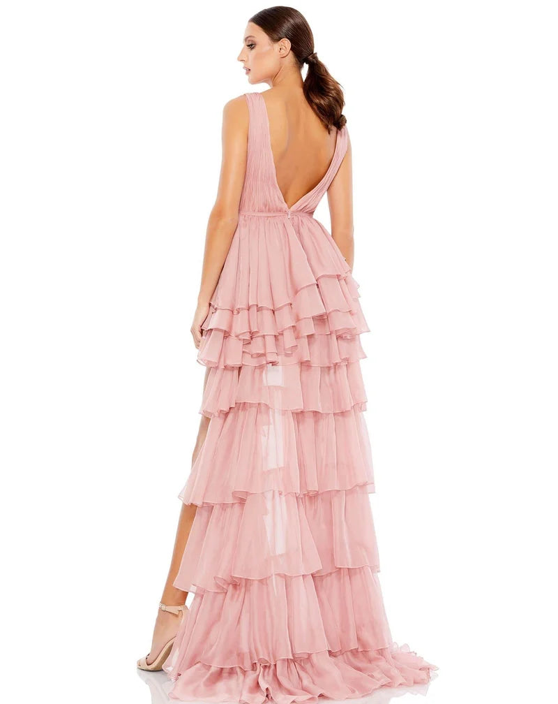 Romantic A-Line V-Neck Sleeveless V-Back High-Low Ruffled Prom Dress