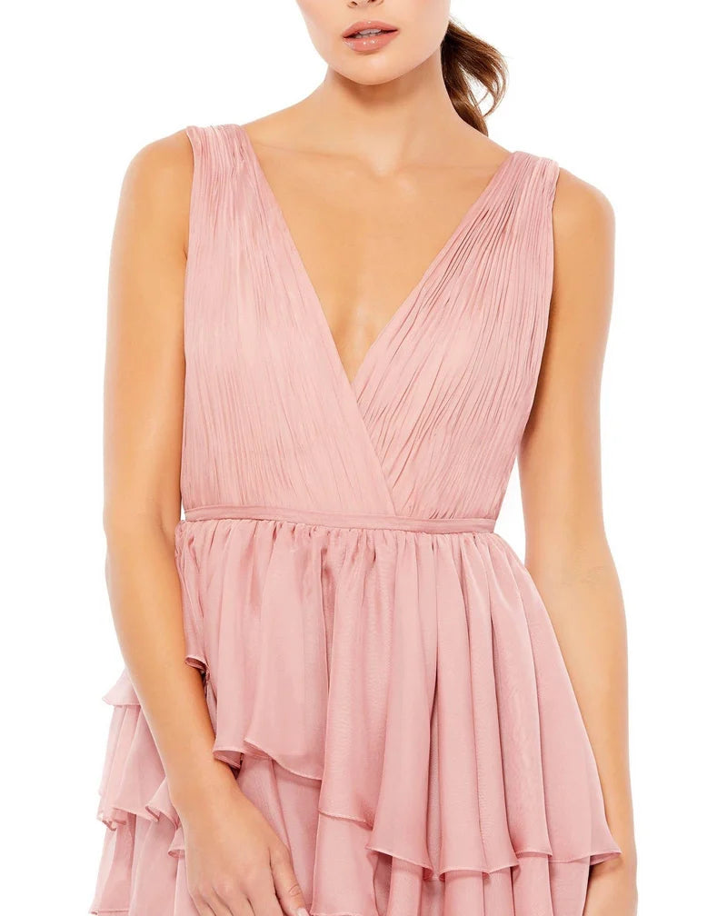 Romantic A-Line V-Neck Sleeveless V-Back High-Low Ruffled Prom Dress