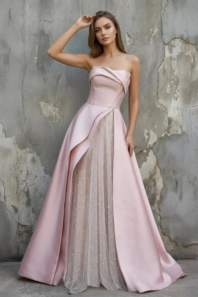 Loverlm Dreamy Blush Satin A-Line Strapless Lace-Up Tulle Panel Long Prom Dress