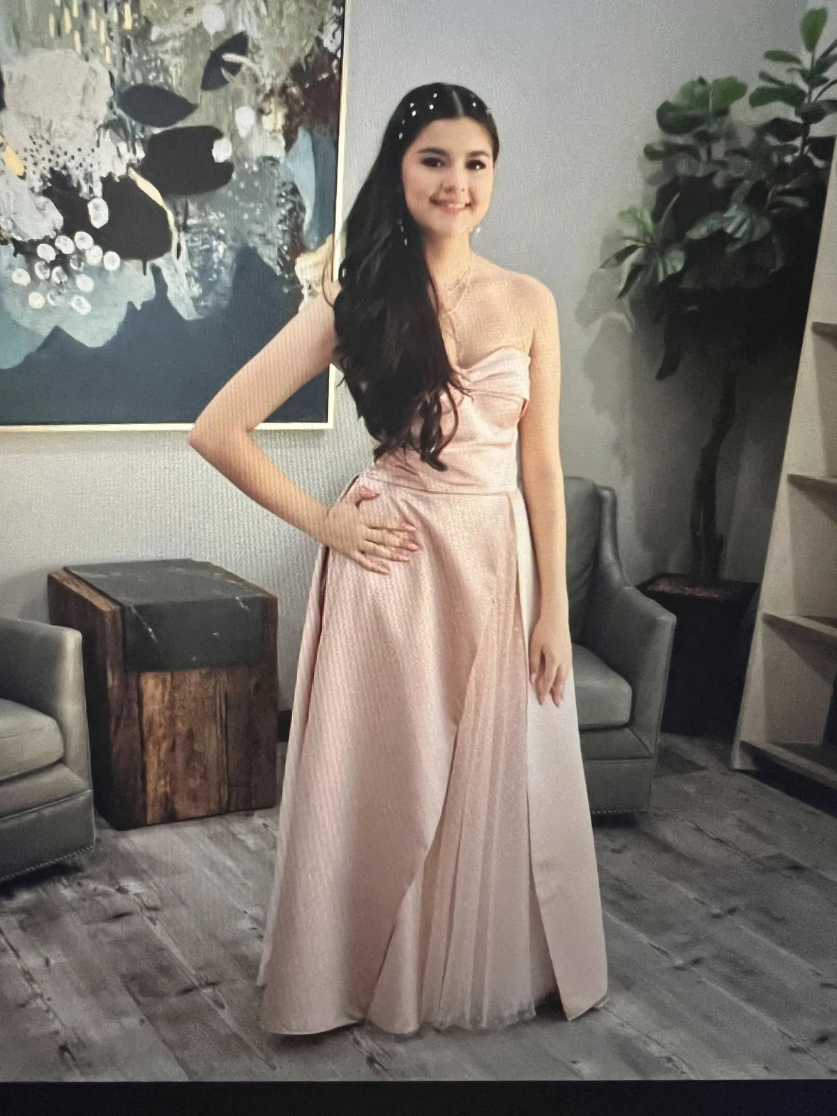 Loverlm Dreamy Blush Satin A-Line Strapless Lace-Up Tulle Panel Long Prom Dress